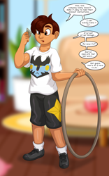 Size: 1250x2000 | Tagged: safe, artist:runningtoaster, derpibooru import, part of a set, human, clothes, commission, dialogue, eye clipping through hair, eyebrows, eyebrows visible through hair, hoop, human to anthro, inanimate tf, instructions, luxray, male, male to female, open mouth, plushification, pokémon, reading, rule 63, shirt, shoes, shorts, socks, solo, species swap, speech bubble, transformation, transformation ring, transformation sequence, transgender transformation