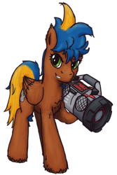 Size: 800x1200 | Tagged: safe, artist:hiddelgreyk, derpibooru import, oc, oc only, pegasus, pony, 2023 community collab, blue mane, boombox, brown coat, chest fluff, derpibooru community collaboration, folded wings, full body, green eyes, grin, hooves, looking at you, male, pegasus oc, simple background, smiling, solo, stallion, standing, tail, transparent background, two toned mane, two toned tail, wings