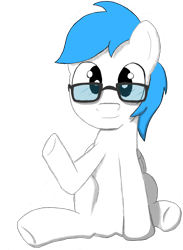 Size: 858x1174 | Tagged: safe, artist:scootaloormayfly, derpibooru import, oc, oc only, oc:blue beryl, pegasus, pony, 2023 community collab, blue fur, derpibooru community collaboration, glasses, looking at you, male, pegasus oc, simple background, sitting, solo, transparent background, waving, white fur