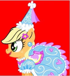 Size: 720x789 | Tagged: safe, derpibooru import, applejack, earth pony, pony, look before you sleep, applejack also dresses in style, beautiful, clothes, cute, dress, ear piercing, flower, flower in hair, froufrou glittery lacy outfit, happy, hat, hennin, jackabetes, jewelry, necklace, piercing, pretty, princess, princess applejack, red background, simple background, smiling, solo