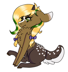 Size: 868x921 | Tagged: safe, artist:bluebellrosethepony, derpibooru import, oc, oc only, oc:vittaria black, deer, deer pony, hybrid, original species, pony, bow, chest fluff, hair bow, parent:bada nevada, parent:vermont black, pouting, simple background, sitting, solo, spots, transparent background