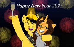Size: 4040x2602 | Tagged: safe, artist:lynnthenerdkitty, derpibooru import, oc, oc:brooke, alicorn, pony, unicorn, alcohol, alicorn oc, bumblebee (transformers), champagne, champagne glass, fireworks, happy new year, holiday, horn, irl sona, me, special, transformers, unicorn oc, wine