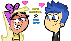 Size: 3078x1800 | Tagged: safe, derpibooru import, flash sentry, human, better together, equestria girls, chloe carmichael, crossover, drawing, duo, fanart, female, heart, humanized, love, male, meeting, partner, simple background, the fairly oddparents, transparent background