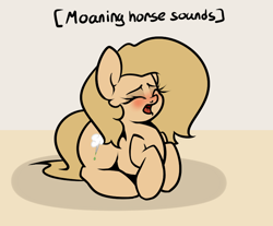 Size: 800x662 | Tagged: safe, artist:slavedemorto, derpibooru import, edit, oc, oc only, oc:backy, earth pony, pony, blushing, cropped, descriptive noise, earth pony oc, eyes closed, female, horse noises, lying down, mare, moaning, open mouth, prone, text