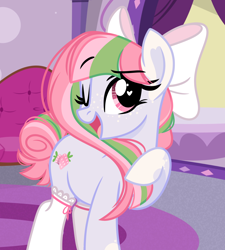 Size: 2016x2239 | Tagged: safe, artist:emberslament, derpibooru import, oc, oc only, oc:strawberry blush, earth pony, pony, bow, clothes, earth pony oc, female, hair bow, heart, heart eyes, mare, one eye closed, raised hoof, raised leg, socks, solo, wingding eyes, wink