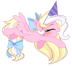 Size: 2732x2499 | Tagged: safe, alternate version, artist:emberslament, derpibooru import, oc, oc:bay breeze, pegasus, pony, bow, cute, eyes closed, female, flying, hair bow, hat, mare, party hat, pegasus oc, simple background, solo, transparent background