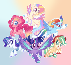 Size: 2462x2237 | Tagged: safe, artist:glowfangs, derpibooru import, applejack, fluttershy, pinkie pie, rainbow dash, rarity, twilight sparkle, twilight sparkle (alicorn), alicorn, pony, gradient background, mane six, recolor