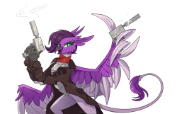 Size: 4200x2706 | Tagged: safe, artist:greenmaneheart, derpibooru import, oc, oc only, oc:gavra, griffon, armor, clothes, eye clipping through hair, eyebrows, eyebrows visible through hair, female, griffon oc, gun, handgun, high res, looking at you, open mouth, open smile, pistol, simple background, smiling, smiling at you, solo, transparent background, weapon, wing hands, wings