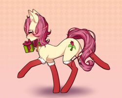 Size: 1500x1200 | Tagged: safe, artist:takic, derpibooru import, roseluck, earth pony, pony, blushing, butt, christmas, christmas gift, christmas stocking, clothes, collar, commission, commissioner:doom9454, cute, eyes closed, female, full body, holiday, mare, mouth hold, patterned background, pet collar, pet tag, plot, pony pet, rosepet, side view, simple background, socks, solo, walking