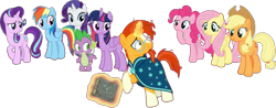 Size: 806x317 | Tagged: safe, artist:pascalmulokozi2, derpibooru import, edit, edited screencap, screencap, applejack, fluttershy, pinkie pie, rainbow dash, rarity, spike, starlight glimmer, sunburst, twilight sparkle, twilight sparkle (alicorn), alicorn, dragon, earth pony, pegasus, pony, unicorn, shadow play, background removed, book, female, male, mane eight, mane seven, mane six, mare, not a vector, simple background, stallion, transparent background