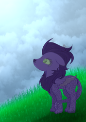 Size: 2480x3508 | Tagged: safe, artist:thecommandermiky, derpibooru import, oc, oc only, cheetah, hybrid, pegasus, pony, chest fluff, purple hair, solo