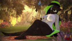 Size: 7680x4320 | Tagged: safe, artist:loveslove, derpibooru import, oc, oc only, oc:toxic star, anthro, butterfly, plantigrade anthro, 3d, absurd file size, absurd resolution, blurry background, breasts, busty oc, carpet, clothes, coffee, coffee cup, cup, denim, female, flower, forest, jeans, looking at someone, nail polish, outdoors, pants, shirt, shoes, smiling, solo, tail, tree