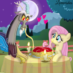 Size: 1300x1300 | Tagged: safe, artist:mlplary6, derpibooru import, discord, fluttershy, draconequus, pegasus, pony, candle, discoshy, duo, duo male and female, eating, eye contact, female, food, heart, looking at each other, looking at someone, love, male, mare, mismatched wings, moon, pasta, shipping, signature, smiling, smiling at each other, spaghetti, spread wings, straight, wings