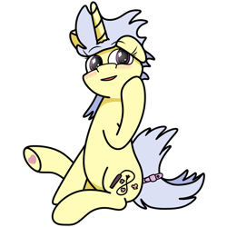Size: 1200x1200 | Tagged: safe, artist:jaminbread, derpibooru import, oc, oc only, oc:fighttwomagic, unicorn, 2023 community collab, blushing, derpibooru community collaboration, ears, floppy ears, horn, looking away, simple background, sitting, solo, transparent background, unicorn oc