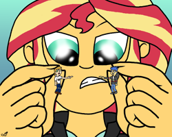 Size: 1164x932 | Tagged: safe, derpibooru import, flash sentry, sunset shimmer, oc, oc:vanilla beam, equestria girls, angry, argument, bickering, female, larger female, male, shrinking, size difference, smaller male