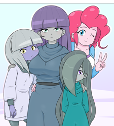 Size: 2180x2423 | Tagged: safe, artist:batipin, derpibooru import, limestone pie, marble pie, maud pie, pinkie pie, human, equestria girls, breasts, clothes, equestria girls-ified, eye clipping through hair, eyebrows, eyebrows visible through hair, family, family photo, female, hair over one eye, hands behind back, maud pies, one eye closed, peace sign, pie sisters, siblings, sisters, wink