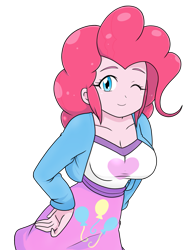 Size: 1349x1762 | Tagged: safe, artist:batipin, derpibooru import, part of a set, pinkie pie, equestria girls, breasts, one eye closed, pinkie pies, simple background, solo, transparent background