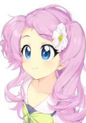 Size: 448x640 | Tagged: safe, derpibooru import, machine learning generated, fluttershy, human, equestria girls, anime, cute, female, happy, simple background, solo, white background