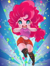 Size: 600x777 | Tagged: safe, artist:sugarheartart, derpibooru import, pinkie pie, human, equestria girls, anime, belly button, chibi, clothes, confetti, female, hands on cheeks, looking at you, midriff, obtrusive watermark, shorts, solo, watermark, wide hips
