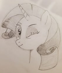 Size: 1088x1280 | Tagged: safe, anonymous artist, derpibooru import, rarity, pony, looking at you, one eye closed, solo, traditional art, wink, winking at you