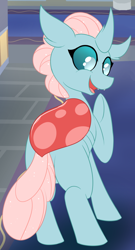 Size: 788x1462 | Tagged: safe, artist:plinkie_poi, derpibooru import, edit, ocellus, changedling, changeling, butt, cropped, female, head turn, laughing, open mouth, open smile, plot, rear view, smiling, solo