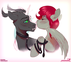 Size: 1700x1497 | Tagged: safe, artist:meowcephei, derpibooru import, oc, oc:agent kat, oc:tounicoon, changeling, hybrid, pegasus, blushing, changeling oc, collar, commission, kissing, leash, pegasus oc, sketch