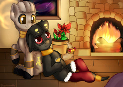 Size: 3496x2480 | Tagged: safe, artist:appleneedle, derpibooru import, oc, oc:apophis, original species, pony, snake, snake pony, art, bell, character, christmas, clothes, cottage, couple, cozy, digital, draw, drawing, fanart, fire, fireplace, flower, flower pot, friends, holiday, love, paint, painting, socks