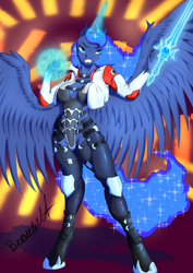 Size: 992x1403 | Tagged: safe, artist:artsybeowulf, derpibooru import, princess luna, alicorn, anthro, unguligrade anthro, aria t'loak, armor, boots, breasts, cleavage, clothes, crossover, female, glowing, glowing horn, horn, jacket, leotard, magic, magic sword, shoes, solo, spread wings, straps, sword, weapon, wings