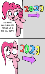 Size: 1126x1841 | Tagged: safe, artist:doodledonutart, derpibooru import, pinkie pie, earth pony, pony, 2023, comic, dialogue, scared, solo, vulgar, wide eyes