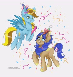 Size: 3500x3700 | Tagged: safe, artist:sushimeko, derpibooru import, oc, oc only, oc:cobalt flame, oc:lucky bolt, kirin, pegasus, pony, 2023, confetti, female, flying, happy new year, hat, holiday, male, party, party hat, party popper