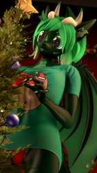 Size: 2160x3840 | Tagged: safe, artist:donglysfm, derpibooru import, oc, oc:emerald dusk, anthro, dracony, dragon, hybrid, art pack:winter wonderland 2022, 3d, anthro oc, behaving like a cat, christmas, christmas tree, clothes, dilated pupils, ear fluff, ears, high res, holiday, pajamas, revamped anthros, shirt, solo, source filmmaker, this will end in tears, tongue, tongue out, tree