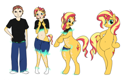 Size: 2396x1537 | Tagged: safe, artist:redpaladin, derpibooru import, sunset shimmer, human, pony, belly, belly button, bipedal, blushing, butt, clothes, hips, human to pony, male to female, rule 63, sequence, simple background, species swap, transformation, transgender transformation, white background