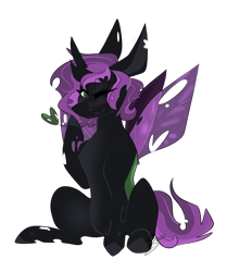 Size: 2181x2614 | Tagged: safe, artist:ezzerie, derpibooru import, oc, oc only, oc:nadalia, changeling, insect, blowing a kiss, commission, horn, one eye closed, present, purple changeling, simple background, sitting, solo, transparent background, wings, wink