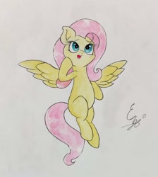 Size: 1515x1688 | Tagged: safe, artist:engi, derpibooru import, fluttershy, pegasus, pony, female, open mouth, simple background, solo, spread wings, traditional art, white background, wings