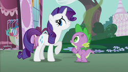 Size: 1920x1080 | Tagged: safe, derpibooru import, screencap, rarity, spike, dragon, pony, unicorn, party of one, season 1, 1080p, duo