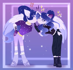 Size: 1024x973 | Tagged: safe, artist:existencecosmos188, derpibooru import, oc, oc only, oc:existence, alicorn, anthro, unguligrade anthro, alicorn oc, duo, ethereal mane, female, hand on hip, high heels, horn, makeup, shoes, smiling, smirk, starry mane, wings