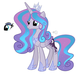 Size: 1660x1604 | Tagged: safe, artist:existencecosmos188, derpibooru import, oc, oc only, alicorn, pony, ethereal mane, eyelashes, female, hoof shoes, jewelry, magical lesbian spawn, mare, offspring, parent:princess flurry heart, parent:princess luna, peytral, simple background, slim, smiling, solo, starry mane, thin, tiara, transparent background