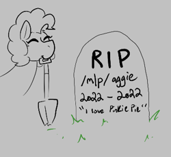 Size: 374x343 | Tagged: safe, artist:dsstoner, pinkie pie, earth pony, pony, aggie.io, eyes closed, female, grass, gravestone, mare, monochrome, mouth hold, shovel, simple background, smiling