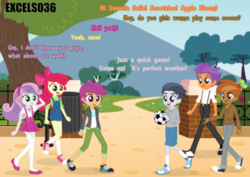 Size: 1120x792 | Tagged: safe, artist:excelso36, apple bloom, button mash, rumble, scootaloo, sweetie belle, tender taps, human, equestria girls, ball, casual, clothes, commission, dialogue, football, humanized, park, shoes, suspenders, trash can, walking