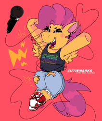 Size: 1100x1300 | Tagged: safe, artist:dsstoner, scootaloo, pegasus, pony, belt, blushing, clothes, eyes closed, fangs, female, filly, foal, jumping, microphone, open mouth, pants, piercing, raised hoof, raised leg, red background, ripped pants, shoes, simple background, sneakers, spread wings, tanktop, torn clothes, vylet pony, wings, wrapped up