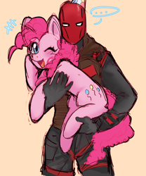 Size: 724x872 | Tagged: safe, artist:vwenties, derpibooru import, pinkie pie, earth pony, human, pony, ..., crossover, dc comics, duo, female, holding a pony, jason todd, looking at you, mare, one eye closed, open mouth, open smile, orange background, red hood, simple background, smiling, smiling at you, wink, winking at you
