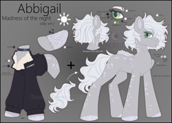 Size: 3500x2500 | Tagged: safe, artist:medkit, derpibooru import, oc, oc only, oc:abbigail madness of the night, pegasus, pony, choker, clothes, colored eyelashes, colored hooves, colored pupils, colored wings, eyelashes, eyeshadow, feather, feathered wings, female, folded wings, fur, gradient background, gradient iris, grayscale, high res, jacket, makeup, mare, metal insert, missing cutie mark, monochrome, outfit, owner, owner:medkit, pegasus oc, reference sheet, short mane, short tail, solo, spots, standing, tail, wings