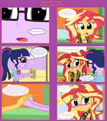 Size: 1808x2039 | Tagged: safe, artist:thomaszoey3000, derpibooru import, sci-twi, sunset shimmer, twilight sparkle, human, comic:a shimmering twilight, equestria girls, blushing, clothes, female, geode, lesbian, letter, scitwishimmer, shipping, sunsetsparkle