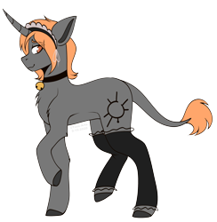 Size: 3786x3880 | Tagged: safe, artist:tuzz-arts, derpibooru import, oc, oc only, oc:sunscorch, pony, unicorn, bell, bell collar, clothes, collar, cutie mark, femboy, hairband, horn, leonine tail, male, simple background, solo, stockings, tail, thigh highs, transparent background, unicorn oc