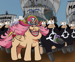 Size: 1000x833 | Tagged: safe, artist:samueldavillo, derpibooru import, alicorn, cyborg, pony, robot, robot pony, unicorn, abomination, bartholomew kuma, bible, charlotte linlin, clone, crossover, looking at you, marine, nightmare fuel, one piece, pacifista, ponified, rule 85, ship, smiling, smiling at you, ugly