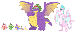 Size: 1280x543 | Tagged: safe, artist:aleximusprime, derpibooru import, spike, oc, oc:barb the dragon, oc:buttercream the dragon, oc:king smite, oc:queen chara, oc:scorch the dragon, oc:singe the dragon, dragon, fanfic:go north young dragon, flurry heart's story, breasts, crown, dragon oc, dragoness, fangs, fat, fat spike, female, fist, hand on chest, hand on hip, jewelry, lizard breasts, male, non-pony oc, older, older spike, regalia, simple background, size chart, size comparison, spike's family, spike's father, spike's mother, spikes, spread wings, transparent background, wide hips, wings
