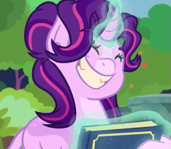 Size: 675x587 | Tagged: safe, artist:thatonefluffs, derpibooru import, edit, edited screencap, screencap, starlight glimmer, pony, unicorn, big grin, glowing, glowing horn, grin, horn, magic, magic aura, redraw, scene interpretation, smiling, solo, telekinesis