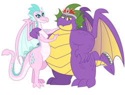 Size: 1600x1216 | Tagged: safe, artist:aleximusprime, derpibooru import, oc, oc only, oc:king smite, oc:queen chara, dragon, fanfic:go north young dragon, flurry heart's story, child bearing hips, crown, dragon oc, dragoness, duo, duo male and female, fangs, fat, female, hand on hip, hug, husband and wife, jewelry, looking at you, male, married couple, non-pony oc, oc x oc, regalia, shipping, simple background, smiling, spike's family, spike's father, spike's mother, straight, transparent background, wide hips