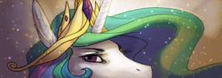 Size: 980x346 | Tagged: safe, artist:kittiara, derpibooru import, princess celestia, alicorn, anthro, crown, female, head only, horn, jewelry, looking at you, mare, regalia, solo, wip