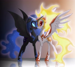 Size: 4630x4110 | Tagged: safe, artist:omnisimon11, derpibooru import, daybreaker, nightmare moon, alicorn, pony, absurd resolution, armor, blushing, concave belly, duo, duo female, evil princest, eye contact, female, frown, helmet, holding hooves, hoof shoes, incest, lesbian, lidded eyes, long neck, looking at each other, looking at someone, mare, open mouth, peytral, princess shoes, raised leg, reflection, shipping, slim, spread wings, thin, wing armor, wings
